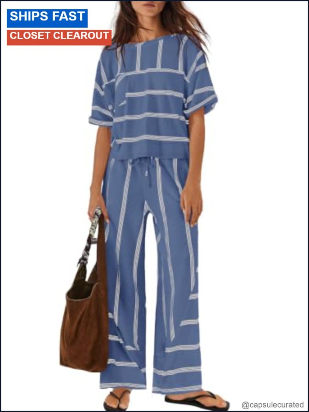 Women's Striped 2-Piece Lounge Set Short Sleeve Top Wide Leg Pants